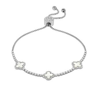 Brilliance Fine Silver Plated Cubic Zirconia and Stone Triple Clover Slider Bracelet