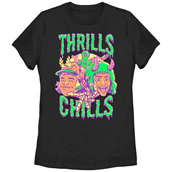 Juniors' Stranger Things Thrills And Chills Drip Graphic Tee