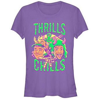 Juniors' Stranger Things Thrills And Chills Drip Fitted Graphic Tee