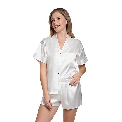Women's Lilac+London Solid Satin Short Sleeve Pajama Top & Pajama Shorts Set