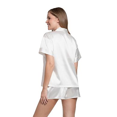 Women's Lilac+London Solid Satin Short Sleeve Pajama Top & Pajama Shorts Set