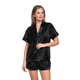 Women's Lilac+London Solid Satin Short Sleeve Pajama Top & Pajama Shorts Set