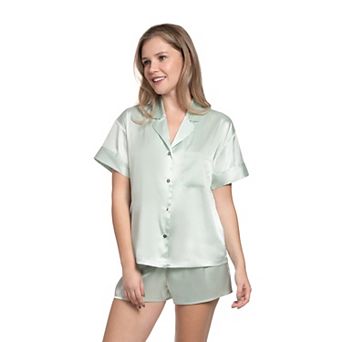 Women's Lilac+London Solid Satin Short Sleeve Pajama Top & Pajama Shorts Set