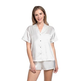 Women's Lilac+London Solid Satin Short Sleeve Pajama Top & Pajama Shorts Set