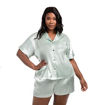 Plus Size Lilac+London 2 pc Solid Satin Pajama Top & Pajama Shorts Set