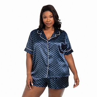 Plus Size Lilac+London 2 pc Solid Satin Short Sleeve Pajama Top & Pajama Shorts Set