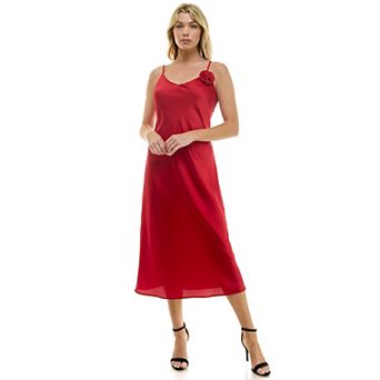 Women's Luxology V-Neck Rosette Bias Satin Midi Dress