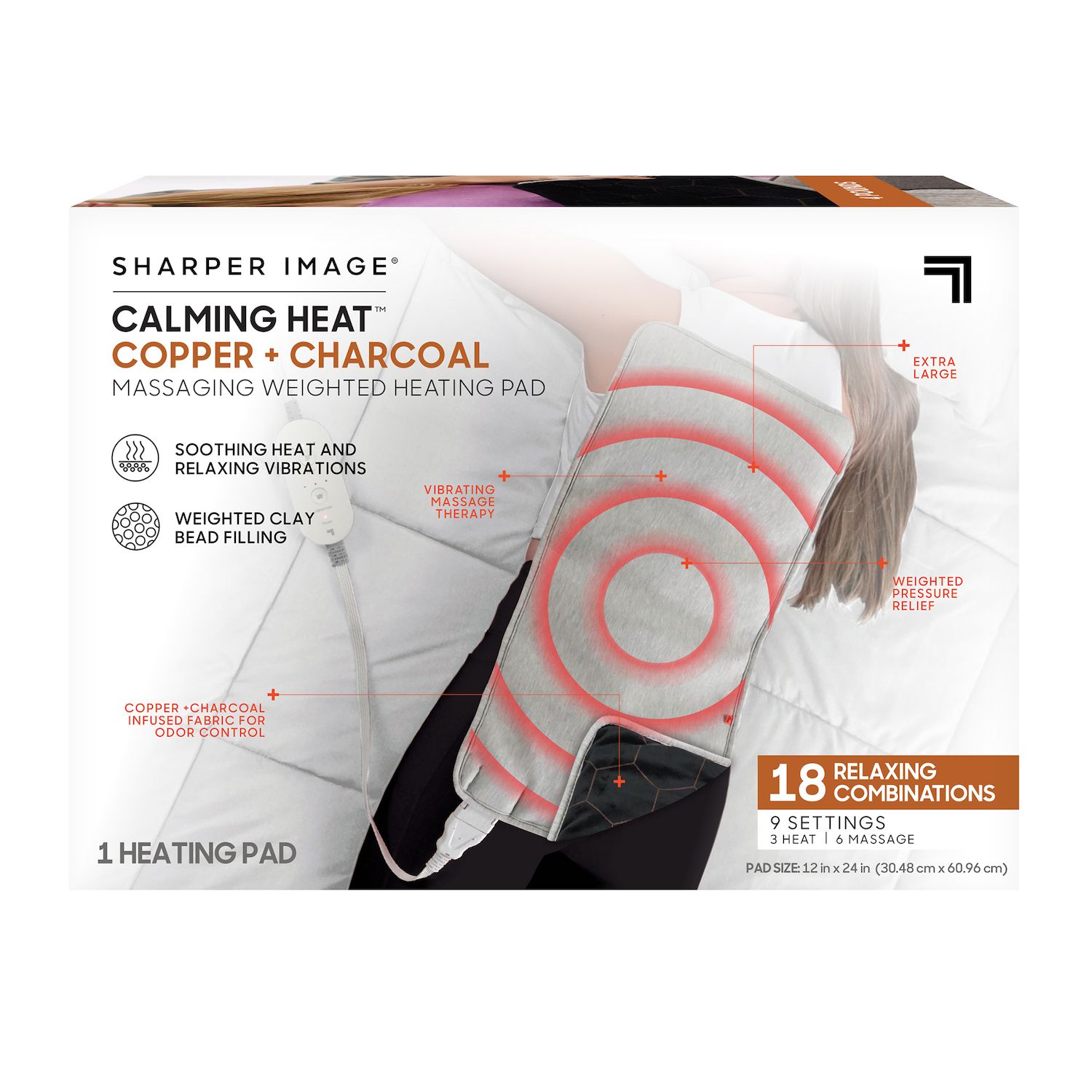 Sharper Image Calming Heat XXL Weighted Heating Pad - 20"x24" Gray, With Massage
