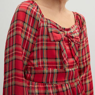 Girls 7-16 Three Pink Hearts Plaid Long Sleeve Dress
