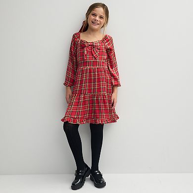 Girls 7-16 Three Pink Hearts Plaid Long Sleeve Dress