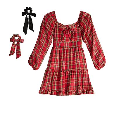 Girls 7-16 Three Pink Hearts Plaid Long Sleeve Dress