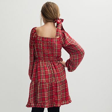 Girls 7-16 Three Pink Hearts Plaid Long Sleeve Dress