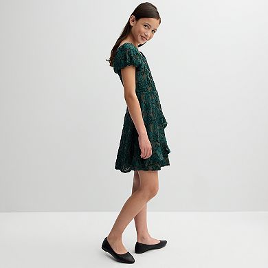 Girls 7-16 Three Pink Hearts Puffed Sleeve Dress