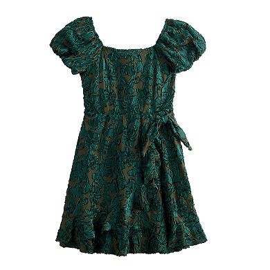 Girls 7-16 Three Pink Hearts Puffed Sleeve Dress