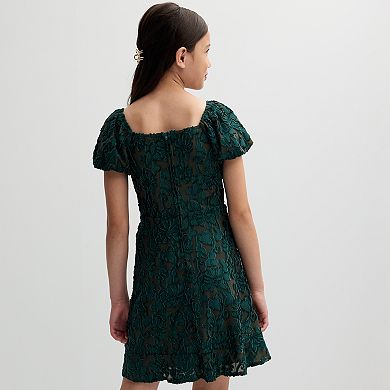 Girls 7-16 Three Pink Hearts Puffed Sleeve Dress