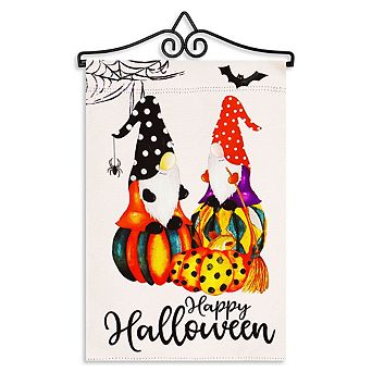 G128 Combo Set: Garden Flag Hanger And Garden Flag Happy Halloween 2 Witchy Gnomes 12"x18"