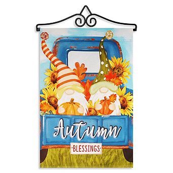 G128 Combo Set: Garden Flag Hanger And Garden Flag Autumn Blessings Gnomes With Pumpkins 12"x18"