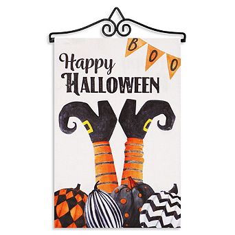 G128 Combo Set: Garden Flag Hanger And Happy Halloween Witch Feet And Spooky Pumpkins 12"x18"