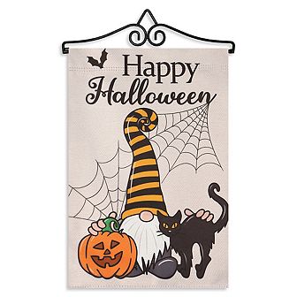 G128 Combo: Flag Hanger And Garden Flag Happy Halloween Gnome With Pumpkin And Black Cat 12"x18"