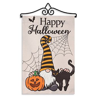 G128 Combo: Flag Hanger And Garden Flag Happy Halloween Gnome With Pumpkin And Black Cat 12"x18"