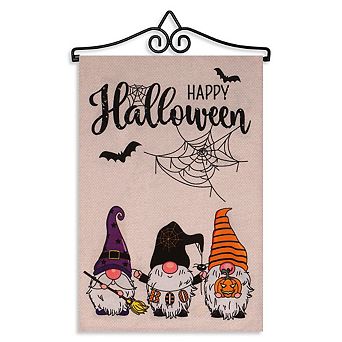 G128 Combo Set: Garden Flag Hanger And Happy Halloween 3 Gnomes Spider Web 12"x18"
