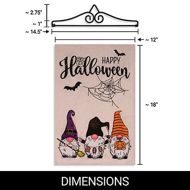 G128 Combo Set: Garden Flag Hanger And Happy Halloween 3 Gnomes Spider Web 12"x18"