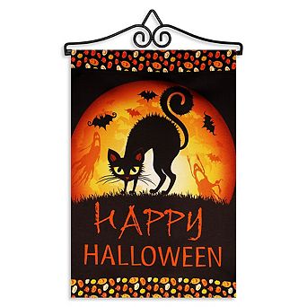 G128 Combo Set: Garden Flag Hanger And Garden Flag Happy Halloween Black Cat And Ghosts 12"x18"