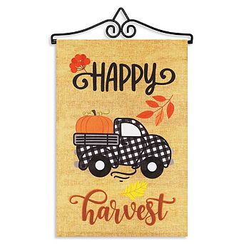 G128 Combo Set: Garden Flag Hanger And Happy Harvest Pumpkin In Truck Bed 12"x18"