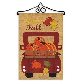G128 Combo Set: Garden Flag Hanger And Happy Fall Pumpkins In Truck Bed 12"x18"