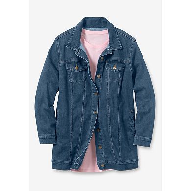 Woman Within Plus Size Long Stretch Denim Jean Jacket