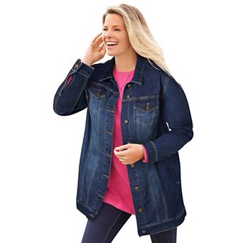 Woman Within Plus Size Long Stretch Denim Jean Jacket