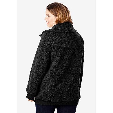 Roaman's Women's Plus Size Plus Size High Collar Teddy Fleece Bomber