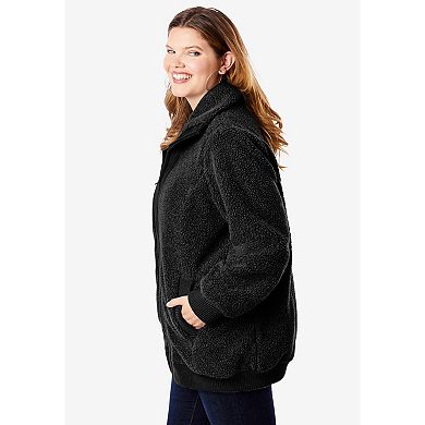 Roaman's Women's Plus Size High Collar Teddy Fleece Bomber