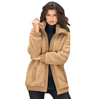Roaman's Women's Plus Size Plus Size High Collar Teddy Fleece Bomber