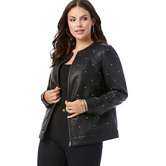 Roaman's Women's Plus Size Plus Size Studded Faux Leather Bomber