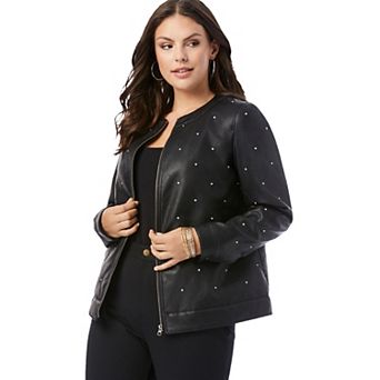 Roaman's Women's Plus Size Studded Faux Leather Bomber