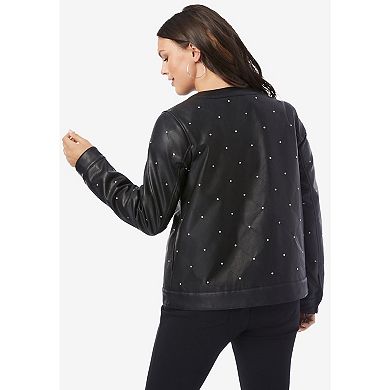 Roaman's Women's Plus Size Plus Size Studded Faux Leather Bomber