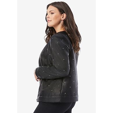Roaman's Women's Plus Size Studded Faux Leather Bomber