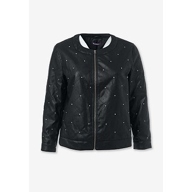 Roaman's Women's Plus Size Studded Faux Leather Bomber
