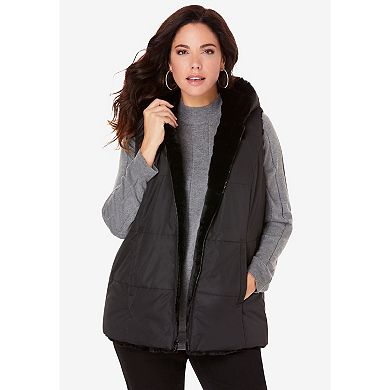 Roaman's Women's Plus Size 2-In-1 Puffer And Faux Fur Vest