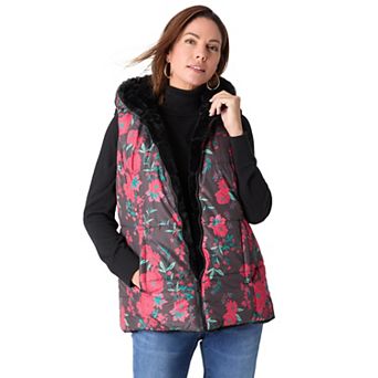 Roaman's Women's Plus Size 2-In-1 Puffer And Faux Fur Vest
