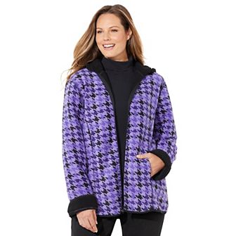 Catherines Women's Plus Size Printed Fleece Coat With Sherpa Lining
