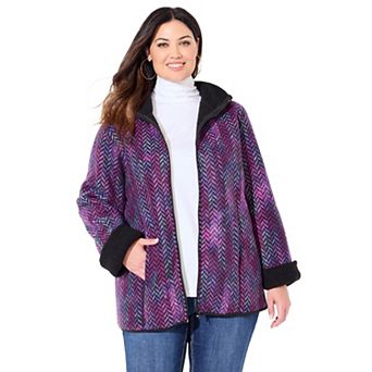 Catherines Women's Plus Size Petite Printed Fleece Coat With Sherpa Lining