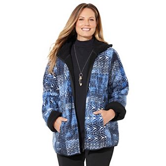 Catherines Women's Plus Size Printed Fleece Coat With Sherpa Lining