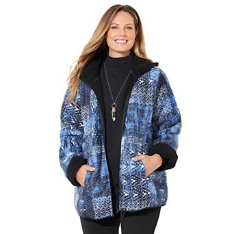 Catherines Women's Plus Size Petite Printed Fleece Coat With Sherpa Lining