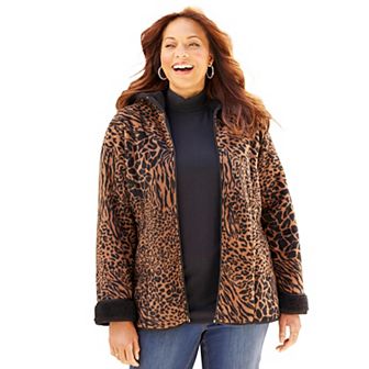 Catherines Women's Plus Size Printed Fleece Coat With Sherpa Lining