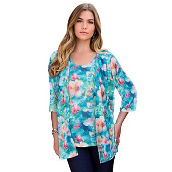 Roaman's Women's Plus Size Printed 2 pc Tank And Cardigan Set