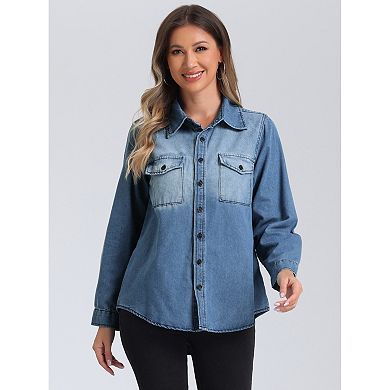 Collar Denim Jacket For Women's Button Down Long Sleeve Oversized Casual Jean Jackets
