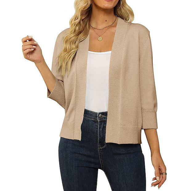 MISSKY Women s 3 4 Sleeve Cropped Cardigan Sweater Open Front Short Shrugs Cardigans Lightweight Sweaters Size Large Camel