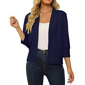 Women's 3/4 Sleeve Cropped Cardigan Sweater Open Front Short Shrugs Cardigans Lightweight Sweaters